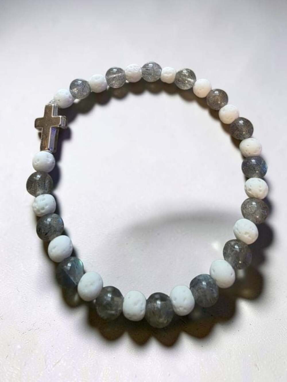 Handcrafted Labradorite White Lava Rock Cross Stretch Bracelet